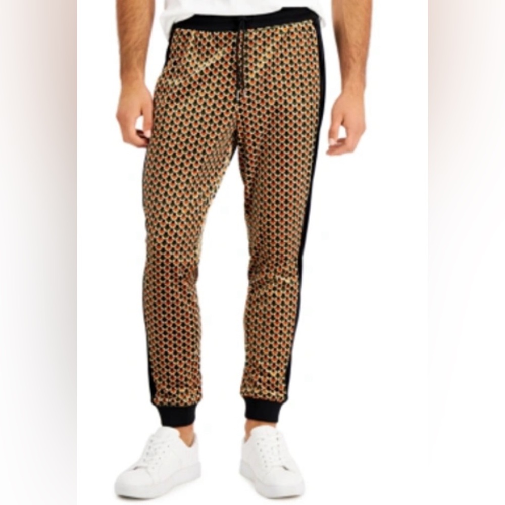 INC International Concepts Men's Patterned Gold & Black Jogger Velour Sweatpants